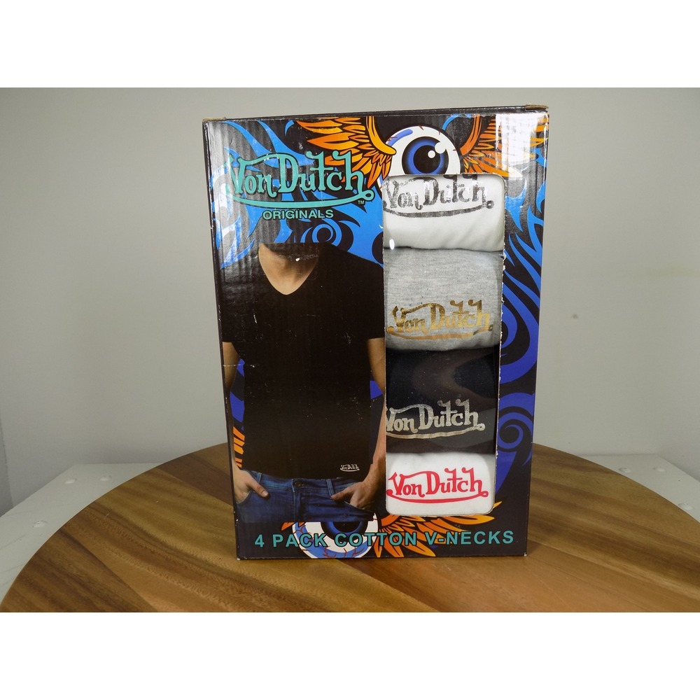 Von Dutch Originals Mens 4 Pack Premium Cotton V-Neck T-Shirts Multi Color Large